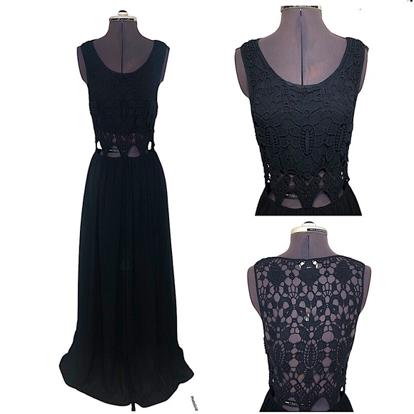 L’atiste By Amy Black Crochet Sheer Side Zper Elastic Waist Maxi Dress Size M